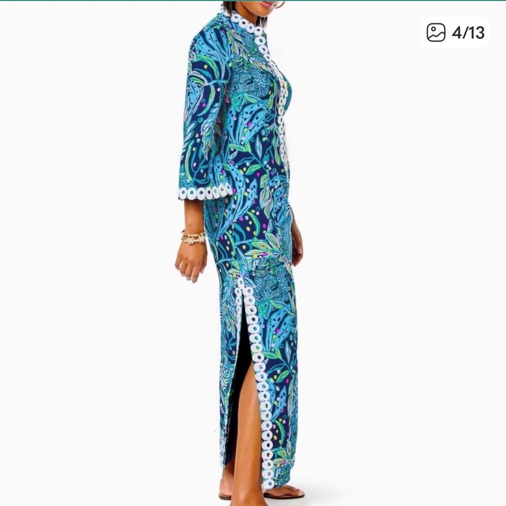 Lilly Pulitzer Shealyn Maxi Caftan in Low Tide Navy Catty Purrsonality - Picture 3 of 10